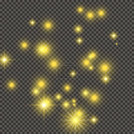 Ilustración de Fondo dorado con estrellas y destellos de polvo aislados sobre fondo transparente oscuro. Celebración mágica Navidad brillante efecto de luz. Ilustración vectorial - Imagen libre de derechos