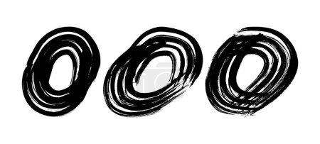 Illustration for Black grunge brush strokes in circle form. Set of four painted ink circles. Ink spot isolated on white background. Vector illustration - Royalty Free Image