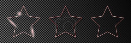Ilustración de Conjunto de tres marcos de forma de estrella brillante de oro rosa aislados sobre fondo transparente oscuro. Marco brillante con efectos brillantes. Ilustración vectorial - Imagen libre de derechos