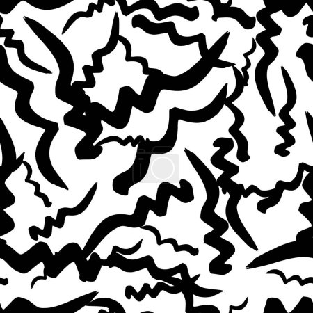 Téléchargez les illustrations : Seamless pattern with black wavy grunge brush strokes in abstract shapes on white background. Vector illustration - en licence libre de droit