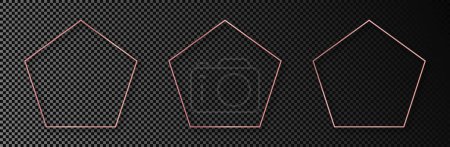 Illustration for Set of three rose gold glowing pentagon shape frames isolated on transparent background. Shiny frame with glowing effects. Vector illustration - Royalty Free Image