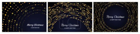 Illustration for Merry Christmas and Happy New Year backdrops with gold glitter pattern in circle form. Set of abstract gold glowing halftone dotted backgrounds for Christmas holiday greeting card on dark background. Vector illustration - Royalty Free Image