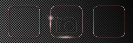 Illustration for Set of three rose gold glowing rounded square frame isolated on dark transparent background. Shiny frame with glowing effects. Vector illustration - Royalty Free Image