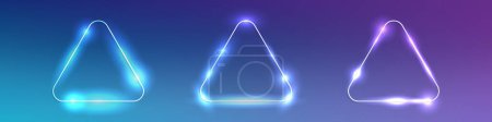 Illustration for Set of three neon rounded triangle frames with shining effects on dark blue background. Empty glowing techno backdrop. Vector illustration - Royalty Free Image