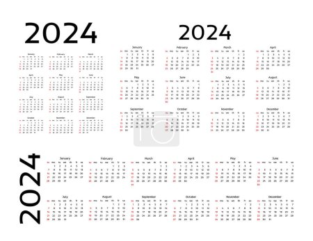 Téléchargez les illustrations : Ensemble de trois calendriers pour 2024 sous différentes formes isolés sur un fond blanc. Du dimanche au lundi, modèle d'affaires. Illustration vectorielle - en licence libre de droit