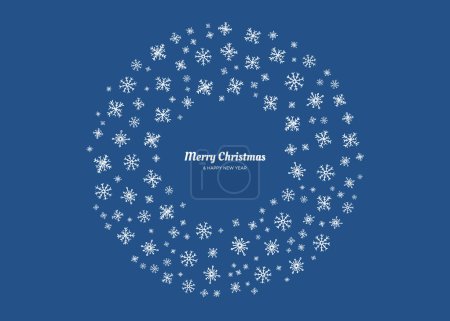 Ilustración de Feliz Navidad y Feliz Año Nuevo telones de fondo con copos de nieve blancos en forma de círculo. Fondo de vacaciones para la tarjeta de felicitación de Navidad sobre fondo azul. Ilustración vectorial - Imagen libre de derechos