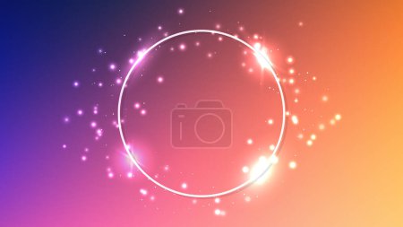 Illustration for Neon circle frame with shining effects and sparkles on dark orange background. Empty glowing techno backdrop. Vector illustration - Royalty Free Image