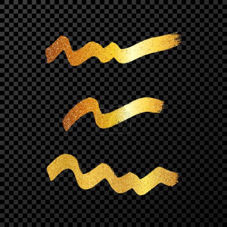 Illustration for Gold wavy grunge brush strokes. Set of three painted ink stripes. Ink spot isolated on dark transparent background. Vector illustration - Royalty Free Image