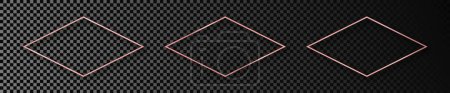 Illustration for Set of three rose gold glowing rhombus shape frames isolated on dark transparent background. Shiny frame with glowing effects. Vector illustration - Royalty Free Image