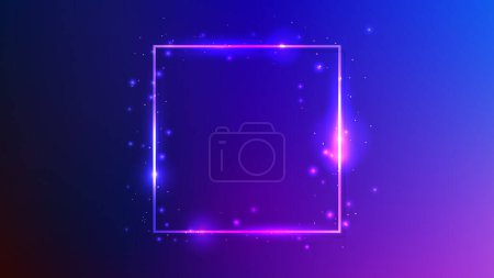 Illustration for Neon square frame with shining effects and sparkles on dark blue background. Empty glowing techno backdrop. Vector illustration - Royalty Free Image
