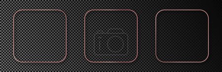 Illustration for Set of three rose gold glowing rounded square frame isolated on dark transparent background. Shiny frame with glowing effects. Vector illustration - Royalty Free Image