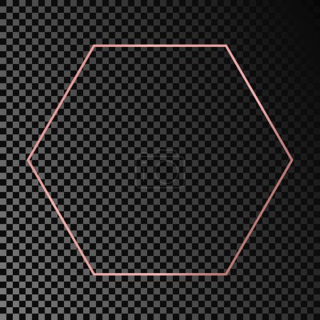 Illustration for Rose gold glowing hexagon frame isolated on dark transparent background. Shiny frame with glowing effects. Vector illustration - Royalty Free Image