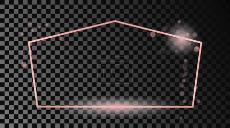 Téléchargez les illustrations : Rose gold glowing tetragon shape frame isolated on dark transparent background. Shiny frame with glowing effects. Vector illustration - en licence libre de droit