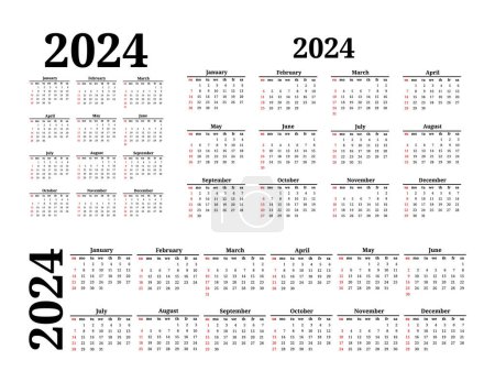 Ilustración de Conjunto de tres calendarios para 2024 en diferentes formas aisladas sobre un fondo blanco. De domingo a lunes, plantilla de negocios. Ilustración vectorial - Imagen libre de derechos