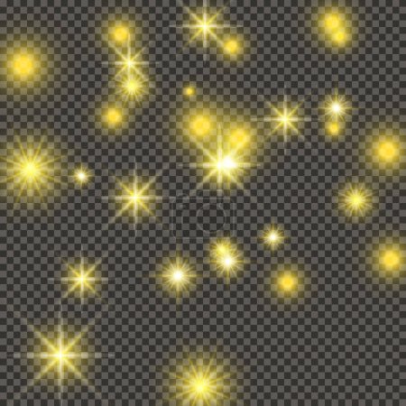 Ilustración de Fondo dorado con estrellas y destellos de polvo aislados sobre fondo transparente oscuro. Celebración mágica Navidad brillante efecto de luz. Ilustración vectorial - Imagen libre de derechos