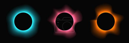 Illustration for Circle illuminate frame with gradient. Set of three round neon banners isolated on black background. Vector illustration - Royalty Free Image
