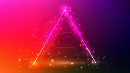 Illustration for Neon triangle frame with shining effects and sparkles on dark red background. Empty glowing techno backdrop. Vector illustration - Royalty Free Image