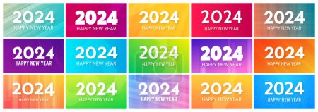 Illustration for 2024 Happy New Year backgrounds.  Big set of modern greeting banner templates with white 2024 New Year numbers on colorful abstract backgrounds with lines. Vector illustration - Royalty Free Image
