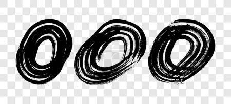 Ilustración de Pinceladas grunge negras en forma de círculo. Conjunto de tres círculos de tinta pintados. Mancha de tinta aislada sobre fondo transparente. Ilustración vectorial - Imagen libre de derechos