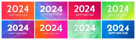 Illustration for 2024 Happy New Year backgrounds.  Set of eight modern greeting banner templates with white 2024 New Year numbers on colorful abstract backgrounds with lines. Vector illustration - Royalty Free Image