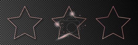 Illustration for Set of three rose gold glowing star shape frames isolated on dark transparent background. Shiny frame with glowing effects. Vector illustration - Royalty Free Image