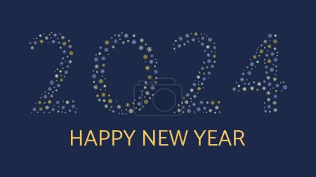 Ilustración de Fondo de Año Nuevo con números 2024 hechos de copos de nieve. Copos de nieve dorados, azules y blancos sobre un fondo azul oscuro y la inscripción Feliz Año Nuevo. Ilustración vectorial - Imagen libre de derechos