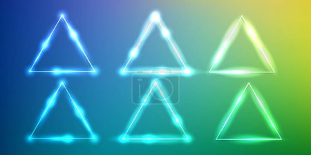 Téléchargez les illustrations : Ensemble de six cadres triangulaires néon aux effets brillants et scintillants sur fond bleu et vert. Fond techno étincelant vide. Illustration vectorielle - en licence libre de droit
