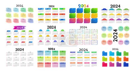 Illustration for Big set of calendars for 2024 isolated on a white background. Sunday to Monday, business template. Vector illustration - Royalty Free Image
