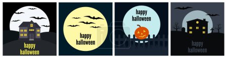 Ilustración de Conjunto de cuatro fondos de Halloween con murciélagos, luna, casas y calabazas. Ilustración vectorial - Imagen libre de derechos