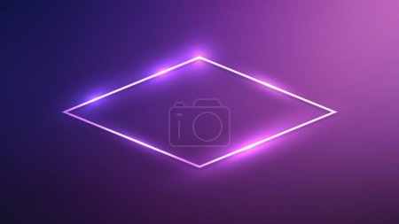 Illustration for Neon rhomb frame with shining effects on dark purple background. Empty glowing techno backdrop. Vector illustration - Royalty Free Image