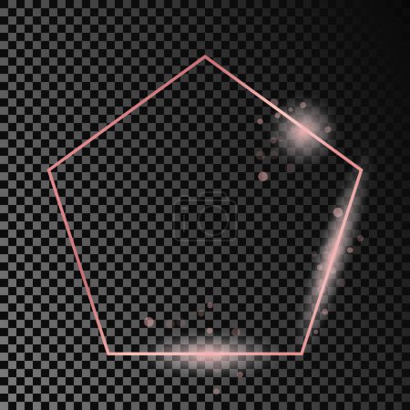 Illustration for Rose gold glowing pentagon shape frame isolated on dark transparent background. Shiny frame with glowing effects. Vector illustration - Royalty Free Image