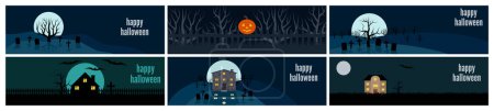 Ilustración de Conjunto de seis fondos de Halloween con murciélagos, luna, casas y calabazas. Ilustración vectorial - Imagen libre de derechos