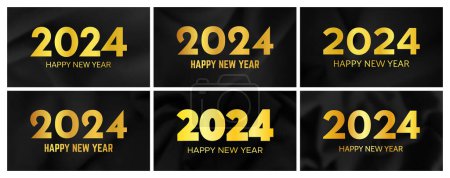 Téléchargez les illustrations : 2024 Happy New Year background. Ensemble de six modèles modernes de bannière de salutation avec des numéros de Nouvel An 2024 or sur fond de soie sombre froissée. Illustration vectorielle - en licence libre de droit