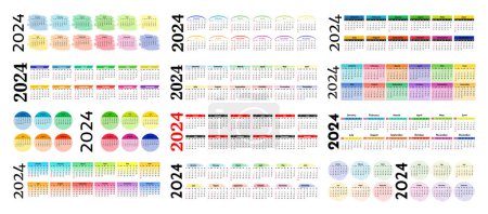 Ilustración de Gran conjunto de calendarios horizontales para 2024 aislados sobre un fondo blanco. De domingo a lunes, plantilla de negocios. Ilustración vectorial - Imagen libre de derechos