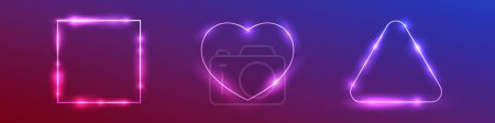 Illustration for Set of three neon frames with shining effects on dark purple background. Empty glowing techno backdrop. Vector illustration - Royalty Free Image