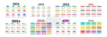 Ilustración de Conjunto de ocho calendarios para 2024 aislados sobre fondo blanco. De domingo a lunes, plantilla de negocios. Ilustración vectorial - Imagen libre de derechos
