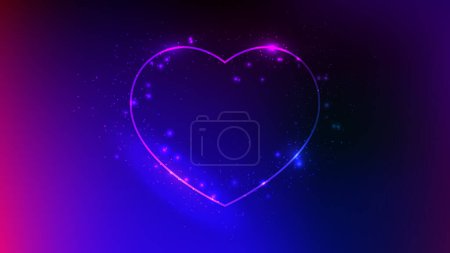 Illustration for Neon frame in heart form with shining effects and sparkles on dark blue background. Empty glowing techno backdrop. Vector illustration - Royalty Free Image
