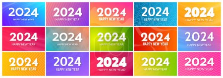 Illustration for 2024 Happy New Year backgrounds.  Big set of modern greeting banner templates with white 2024 New Year numbers on colorful abstract backgrounds with lines. Vector illustration - Royalty Free Image