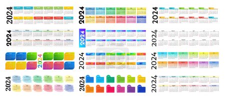 Illustration for Big set of horizontal calendars for 2024 isolated on a white background. Sunday to Monday, business template. Vector illustration - Royalty Free Image