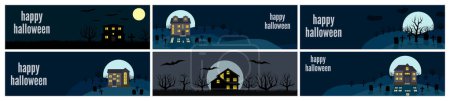 Téléchargez les illustrations : Ensemble de six fonds Halloween avec chauves-souris, lune, maisons et citrouilles. Illustration vectorielle - en licence libre de droit