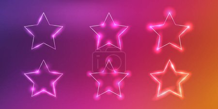Illustration for Set of six neon frames in star form with shining effects and sparkles on dark purple background. Empty glowing techno backdrop. Vector illustration - Royalty Free Image