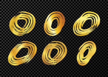 Illustration for Gold grunge brush strokes in circle form. Set of painted ink circles. Ink spot isolated on dark transparent background. Vector illustration - Royalty Free Image