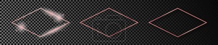 Illustration for Set of three rose gold glowing rhombus shape frames isolated on dark transparent background. Shiny frame with glowing effects. Vector illustration - Royalty Free Image