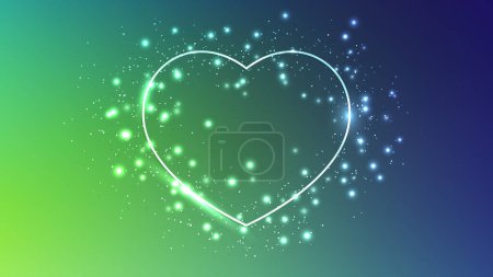 Illustration for Neon frame in heart form with shining effects and sparkles on dark green background. Empty glowing techno backdrop. Vector illustration - Royalty Free Image