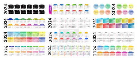 Illustration for Big set of horizontal calendars for 2024 isolated on a white background. Sunday to Monday, business template. Vector illustration - Royalty Free Image