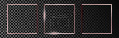 Ilustración de Conjunto de tres marcos cuadrados brillantes de oro rosa aislados sobre fondo transparente oscuro. Marco brillante con efectos brillantes. Ilustración vectorial - Imagen libre de derechos