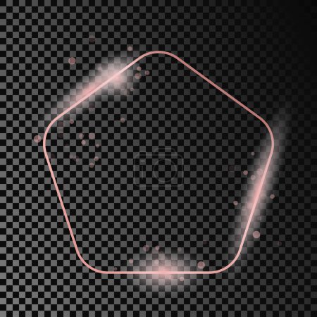Téléchargez les illustrations : Rose gold glowing rounded pentagon shape frame isolated on dark transparent background. Shiny frame with glowing effects. Vector illustration - en licence libre de droit