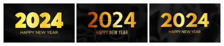 Ilustración de 2024 Feliz Año Nuevo fondo. Conjunto de tres plantillas de pancartas de felicitación modernas con números de oro de Año Nuevo 2024 sobre un fondo de seda oscura arrugada. Ilustración vectorial - Imagen libre de derechos