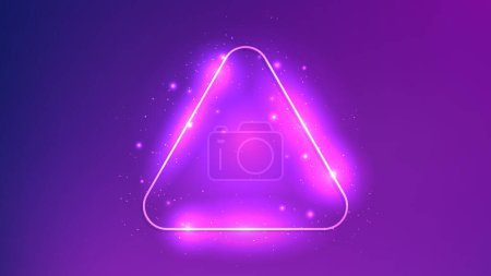 Illustration for Neon rounded triangle frame with shining effects and sparkles on dark purple background. Empty glowing techno backdrop. Vector illustration - Royalty Free Image