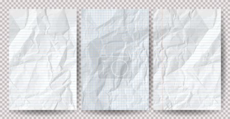 Illustration for Set of white clean crumpled papers on a transparent background. Crumpled empty notebook sheets of paper with shadow for posters and banners. Vector illustration - Royalty Free Image